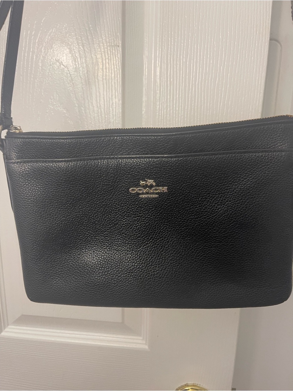 Coach Black Pebbled Leather Messenger Crossbody with Gold Logo
